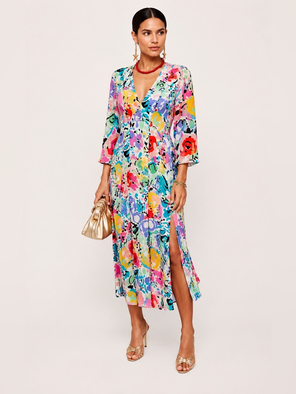 RIXO London Camellia 100% Silk Floral Abstract Bias Cut Midi Dress Sz S
